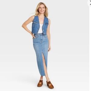 Blue Denim Maxi Skirt with Front Slit